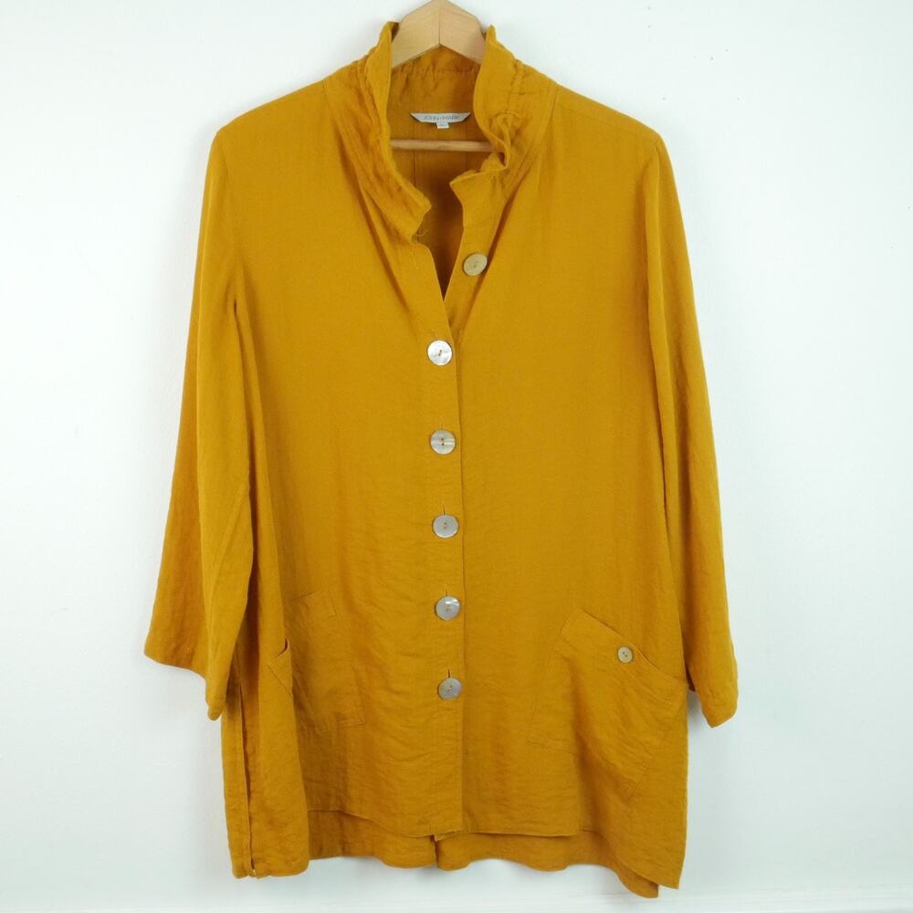 John Mark Large Tunic Top Mustard Yellow Roll Tab Ruffle Collar Artsy Lagenlook